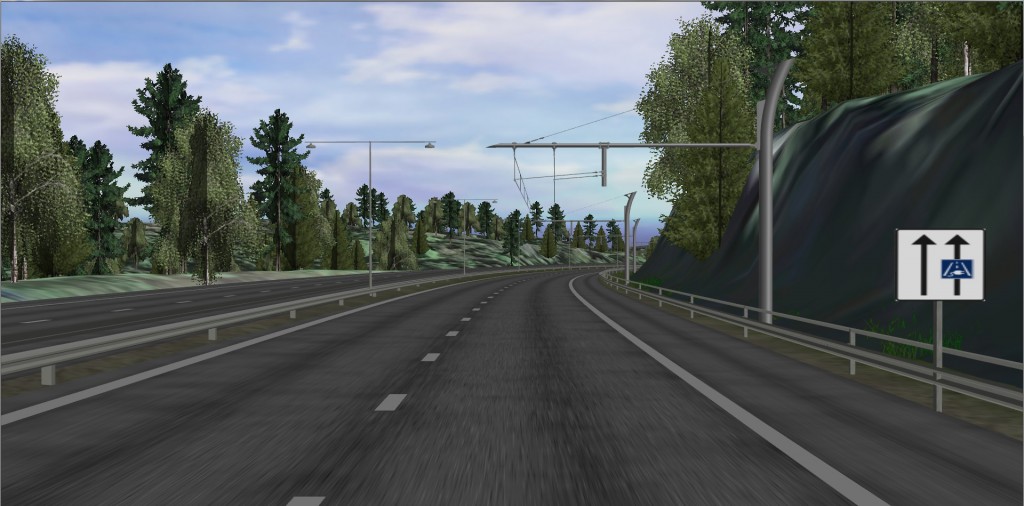 The simulated electric road between Gothenburg and Mölnlycke. The road environment has been supplemented with signs, guardrails, etc. The transmission poles are based on a design from Siemens.