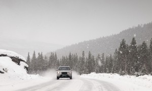 Winter road in snowstorm